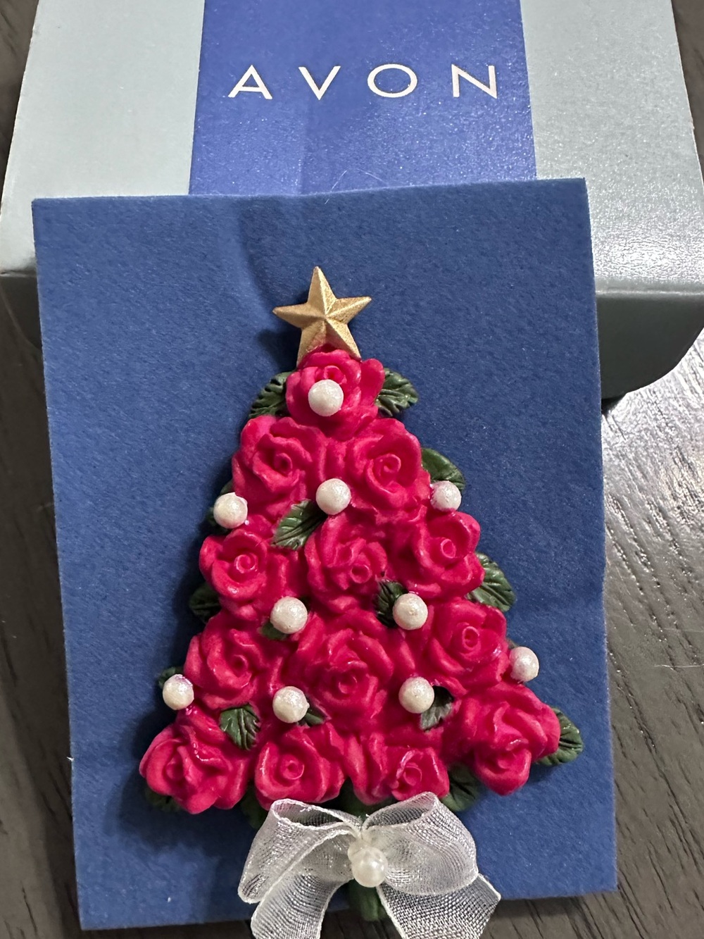 Avon Vintage  Red Rose Tree Brooch with Gold Star and White Bow